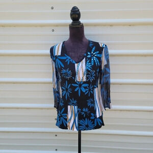 FASHQUE Women's sz M Black Blue Rhinestone Embellished Basic Cotton Top 3/4 Slv
